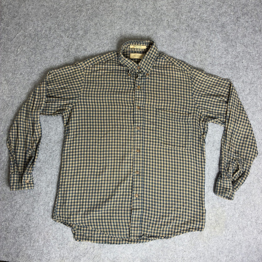 Claybrooke Outdoors Men Sz M Plaid Button Down Shirt Tan Blue Micro Check Cotton